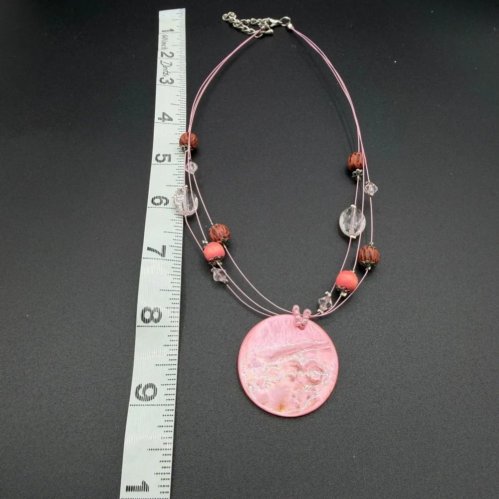 Pink Shell Disc Pendant Beaded Necklace Boho Statement Cottagecore Festival Gift